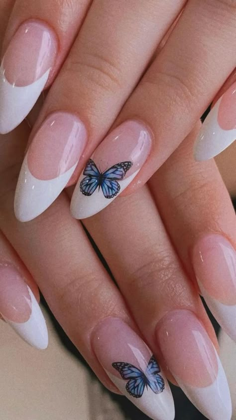 Butterfly Manicure Ideas, Butterfly Nails With French Tip, French Butterfly Nails, Butterfly French Nails, Quince Nails, Usa Nails, Polish Nails, French Nail Designs, French Nail