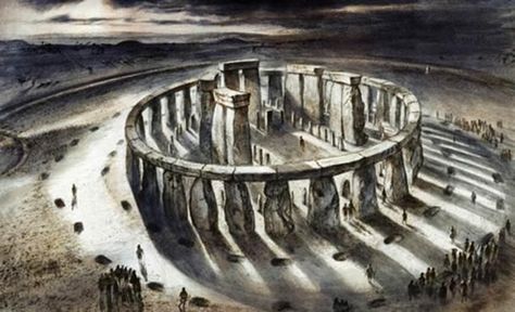 Reconstruction drawing of Stonehenge as it might have appeared in 1000BC by Alan Sorrell #reconstruct Monochrome Illustration, Standing Stone, Ancient Origins, English Heritage, Stonehenge, Vintage Postcard, Ancient History, Archaeology, Wonders Of The World