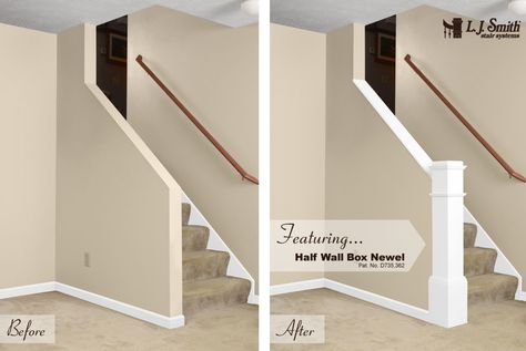 Before and After image of adding our Half Wall Box Newel. Stairway Half Wall Ideas, Half Wall Railing Stairs, Staircase With Half Wall, Staircase With Half Wall And Railing, Stairway Half Wall, Half Wall Basement Stairs, Half Wall Banister Ideas, Stair Half Wall Ideas, Stairwell Halfwall