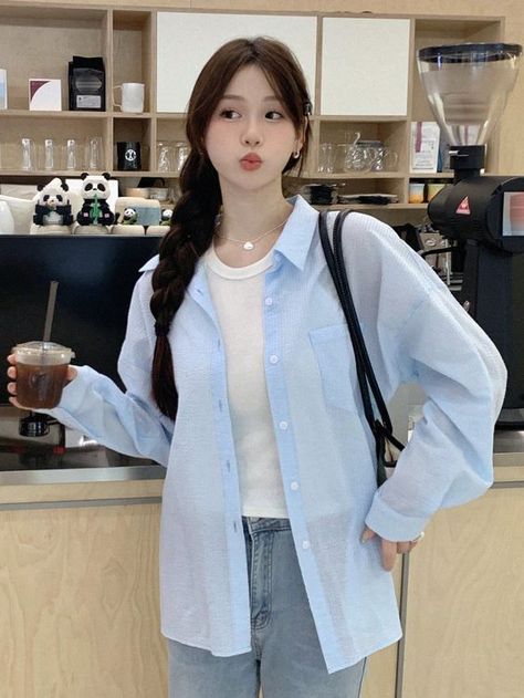 thank you nice shorts Light Blue Shirt Outfit Women Summer, Korean Shirt Outfit Women, Light Blue Shirt Outfit, Korean Oversized Shirt, Colorblock Shirt, Oversize Outfit, Korean Jeans, Korean Shirt, Korean Fits