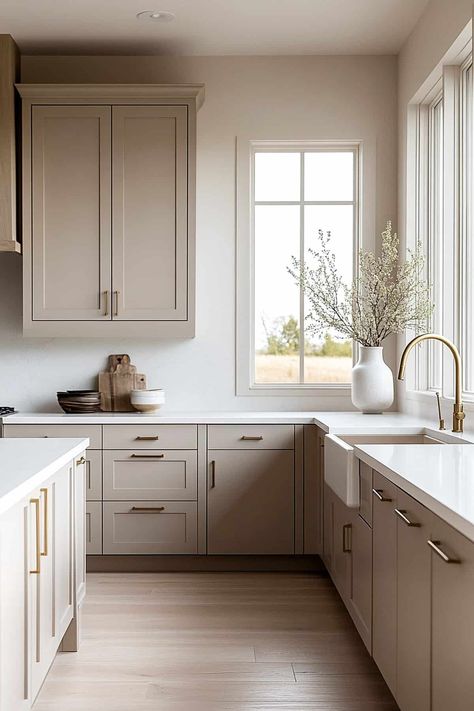 61 Swoon-Worthy Taupe Kitchen Cabinets Ideas for Every Style Swiss Coffee Cabinet Color, Light Coloured Kitchen Cabinets, Modern Taupe Kitchen, Stone Gray Kitchen Cabinets, Ash Cabinets Kitchen, Small Neutral Kitchen, Light Taupe Kitchen, Taupe And White Kitchen, White Wash Kitchen Cabinets