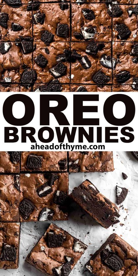 Oreo Brownies are a rich and decadent dessert that is quick and easy to make from scratch using simple ingredients. These fudgy brownies have triple the chocolate, are loaded with Oreo cookies, and have a classic crinkly crackly top. These brownies with oreos are quick to make in about 30 minutes, but they are also easy to store and freezer-friendly so are a great dessert to make ahead of time. | aheadofthyme.com #oreobrownies #oreos #brownies via @aheadofthyme Oreo Brownie Recipes, Oreo Brownies Recipe Easy, Brownies With Oreos, Oreos Brownies, Oreo Brownies Recipe, Oreo Desserts, Cocoa Powder Cookies, Brownies From Scratch, Dessert To Make