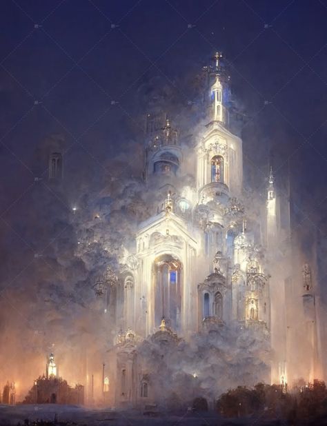 Castle In Clouds Aesthetic, Mystical Castle Art, Cloud Palace Aesthetic, Fantasy Moon Castle, Moon Castle Fantasy Art, Crystal Castle Fantasy Art, Magic Castle Aesthetic, Haunted Castle Aesthetic, Castle Room Aesthetic