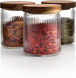 Mason & Fable Ribbed Glass Jar with Wooden Lid Set of 3-17 fl oz | Airtight Fluted Glass Storage Container for Food, Pasta, Coffee, Candy, Dog Treats, Snacks | Glass Canisters for Home & Kitchen Glass Containers With Wood Lids, Tea Jars Storage, Peru House, Pantry Storage Containers, Food Canisters, Pantry Kitchen, Food Jars, Glass Storage Containers, Airtight Storage