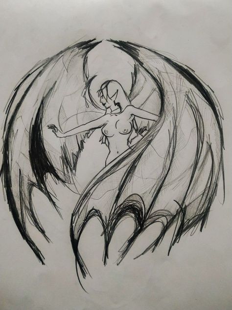 Scary Wings Drawing, Demon Wing Drawing, Siren Face Drawing, Mystic Creatures Drawings, Manananggal Drawing, Manananggal Art, Demon Wings Sketch, Demon Woman Drawing, Dark Fantasy Sketch