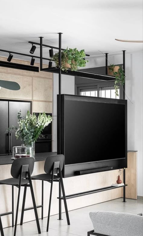 Tv Kitchen Island, Loft Tv Wall, Room Seperator, Tv In Kitchen, Tv Stand Designs, Metal Wall Shelves, Living Room Decor Inspiration, Mobile Tv, Living Room Tv