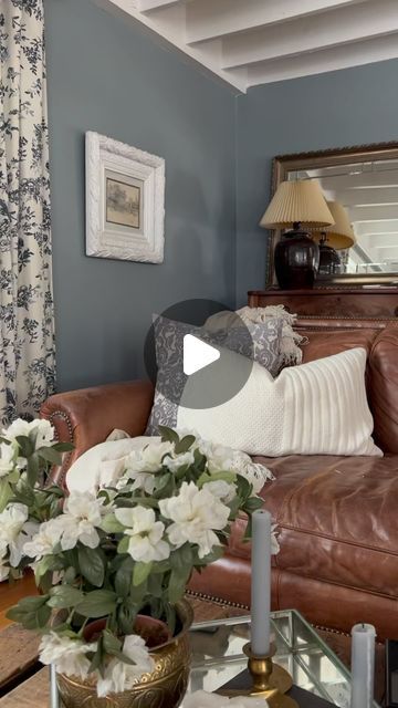 Shelby Ferguson on Instagram: "I know many of you missed the behind the scenes of us choosing this paint color, so here’s a little comparison of some of the other colors we were debating between. We ultimately chose Cafe Blue by Valspar, despite the grey shadows in this particular video, it actually felt the warmest without feeling too saturated or cartoony blue . De Nimes was the most disappointing, as I had seen so many beautiful rooms painted that color but it just felt too flat. I also loved Slate Tile by Sherwin Williams but was worried it might be a little too dark for our north facing room 

#bluepaint #colorcompanion #sherwinwilliamspaint #valsparpaint #bluelivingroom #paintcolors #cottagelivingroom" Best Slate Blue Paint Color, Dark Grey With Blue Undertones, Valspar Dark Blue Paint Colors, Cafe Blue Valspar, Valspar Cafe Blue, Slate Tile Sherwin Williams, Blue Grey Paint Color Valspar, North Facing Room, Valspar Paint