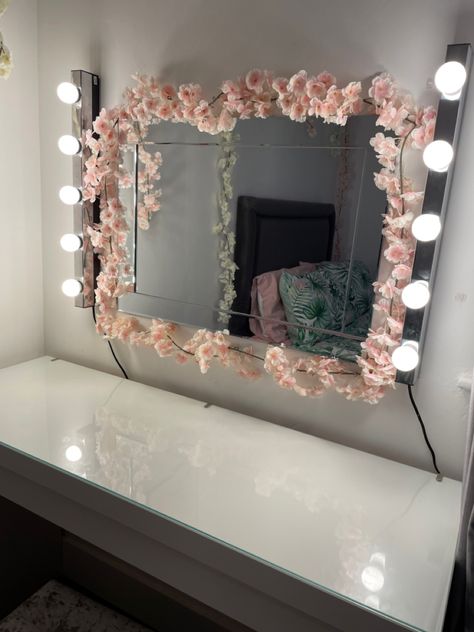 Ikea dressing table with flowers #ikea #ikeadressingtable #flowers #mirror #dressingtable #cute #bedroominspo #flowers Dressing Table Inspo, Flower Vanity, Ikea Dressing, Ikea Dressing Table, Table With Flowers, Flowers Mirror, Mirror With Flowers, Flower Mirror, Room Stuff