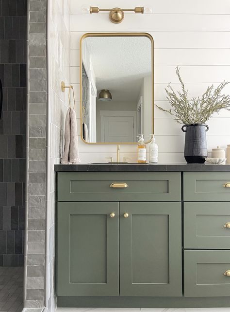 transitional bathroom, green cabinets, gold hardware Green Cabinets Bathroom, Green Cabinet, Painting Bathroom Cabinets, Painted Bathroom, Transitional Bathroom, Ivy Hill Tile, Hall Bathroom, Bathroom Tile Designs, Green Cabinets