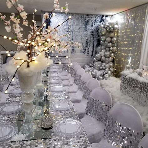 Silver And White Winter Wedding, White And Silver Winter Wonderland Party, Winter Wedding Table Decorations Silver White Christmas, Silver And White Quinceanera Decorations, Winter Party Tablescape, Winter Wonderland 40th Birthday Party, All White Winter Wonderland Party, Winter White Theme Party, Adult Winter Wonderland Party