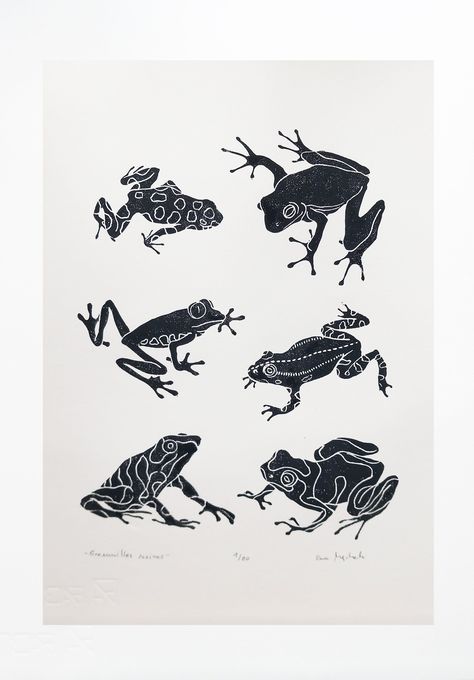 Linocut Frogs - original art print, natural home decor, nature art, zoological illustration, hand carved and printed, nature artwork. Linocut print on paper, illustration taken from my project "Où mes bonds me portent". This linocut can be used as a wall decoration, why not combined with other illustrations, is printed on Fabriano Rosapina 220g ivory paper. Format 25 x 35 cm (9,84 x 13,77in) . I manually print each copy, so each is unique with slight variations in color. They are sold unframed. Poison Dart Frog Art, Two Color Linocut, Frog Linocut, Lino Print Art, Linocut Tattoo, Linocut Color, Zoological Illustration, Tree Frog Art, Linocut Illustration