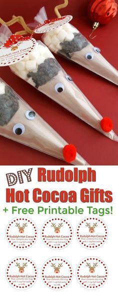 Hot Chocolate Ideas, Reindeer Hot Chocolate, Diy Christmas Tags, Hot Cocoa Gift, Diy Hot Chocolate, Diy Hot Cocoa, Chocolate Ideas, Cocoa Gift, Rudolph Reindeer