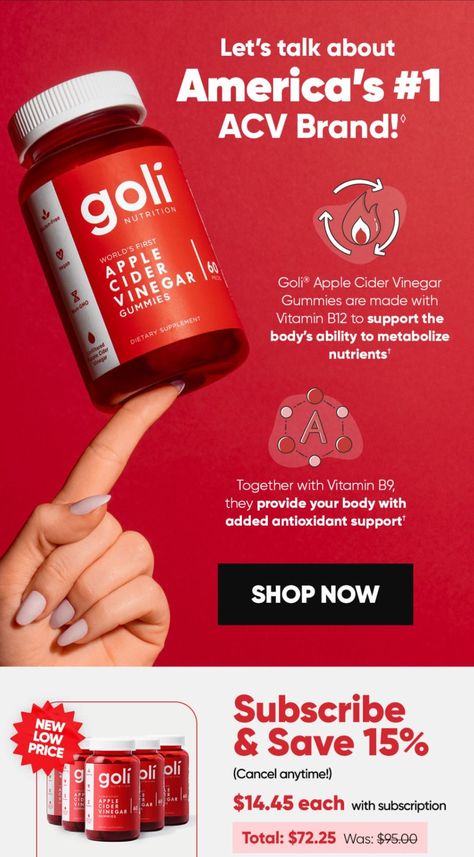 Goli ACV Gummies: A Delicious Way to Get Your Daily Dose of B Vitamins Supplement Ads, Goli Apple Cider Vinegar, Focus Supplements, Apple Cider Vinegar Gummies, Acv Gummies, Vitamin B9, Good Advertisements, Healthy Supplements, Email Marketing Design