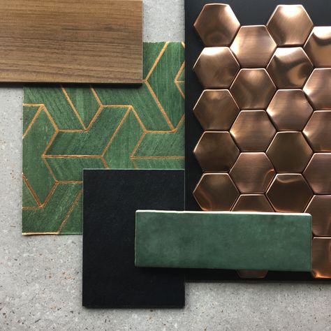 #MoodBoard #MoodBoardMonday #TileDesign #InteriorDesign #Remodel #MosaicTile #Green #Copper #FlatLay #Modern #Hexagon #Ceramic #Porcelain Black And Copper Bathroom Ideas, Emerald Green And Copper Kitchen, Green Gold Moodboard, Green And Gold Mood Board, Green Black And Gold Bathroom, Green And Copper Bathroom, Green Kitchen Moodboard, Copper And Green Kitchen, Green Copper Kitchen