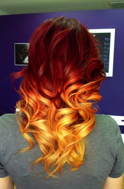 Red orange yellow hair Orange Ombre Hair, Cheveux Oranges, Fire Hair, Nails Ombre, Red To Blonde, Creative Hair, Fire Starter, Ombré Hair, Fantasy Hair