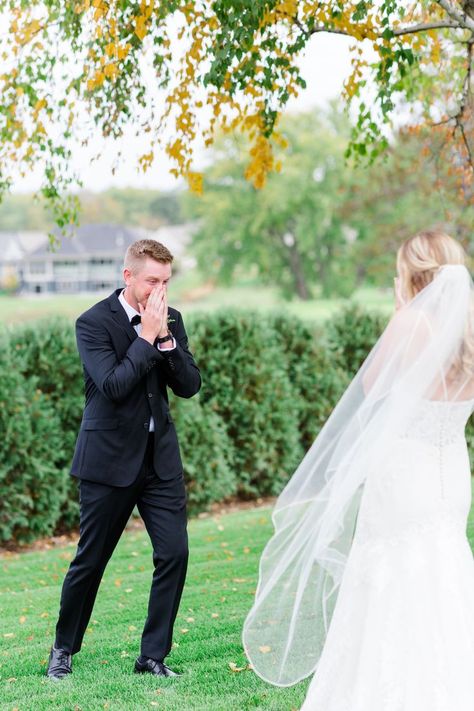 Groom crying when he sees his bride for the first time at their wedding first look Groom Crying When He Sees Bride, Blonde Groom, Cloudy Fall Day, Crazy Wedding Photos, Groom Crying, Blonde Couple, Poses Bride, Groom Reaction, Milestone Photography