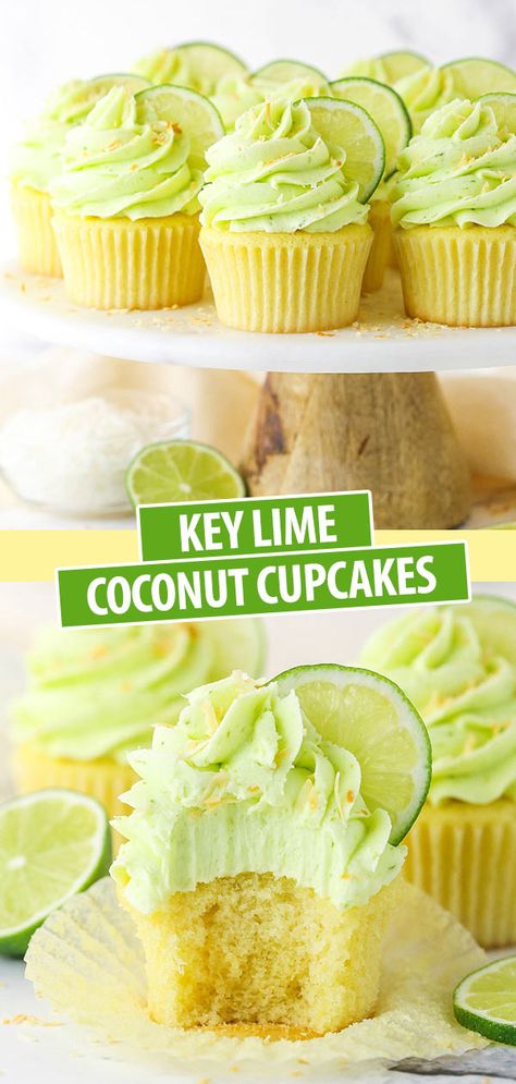 These Key Lime Coconut Cupcakes are a delectable treat with fresh coconut & key lime flavor! Coconut cupcakes are topped with key lime frosting! #keylime #coconut #cupcakes #coconutcupcakes #keylimecupcakes #coconutcake #coconutcream #coconutrecipe #keylimerecipe Lime Dessert Recipes, Key Lime Cupcakes, Lime Cupcakes, Coconut Cupcakes, Torte Cupcake, Gourmet Cupcakes, Cupcake Flavors, India Food, Köstliche Desserts