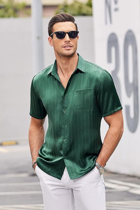 This mens short sleeve silk shirt is embroidered with shiny threads. This silk short sleeve dress shirt is smooth and super soft, which feels like silk and has a good drape. #men #green #silk #shirt Men’s Silk Shirt Outfit, Mens Silk Shirt Outfit, Silk Outfit Two Piece, Mens Satin Shirt, Sheer Shirt Outfits, Silk Mens Shirt, Satin Shirt Men, Silk Shirt Outfit, Fluid Fashion