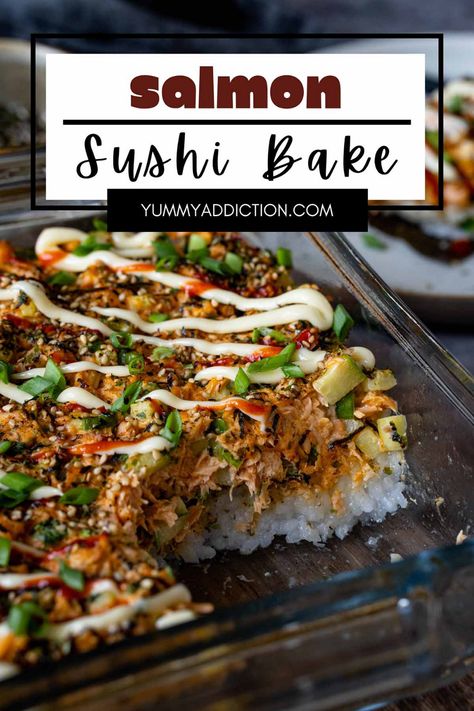 Try this salmon sushi bake to enjoy all the familiar, delicious flavors of your favorite sushi without the stress of rolling it by hand. Salmon, rice, furikake seasoning, and spicy mayo make an irresistible combination, and it’s easy to make in 40 minutes. #salmon #sushi #dinner #Asian Canned Salmon Sushi Bake, Sushi Bake Salmon, Baked Salmon Sushi, Furikake Salmon, Salmon Sushi Bake, Smoked Salmon Sushi, Dinner Asian, Sushi Rice Recipes, Winter Appetizers