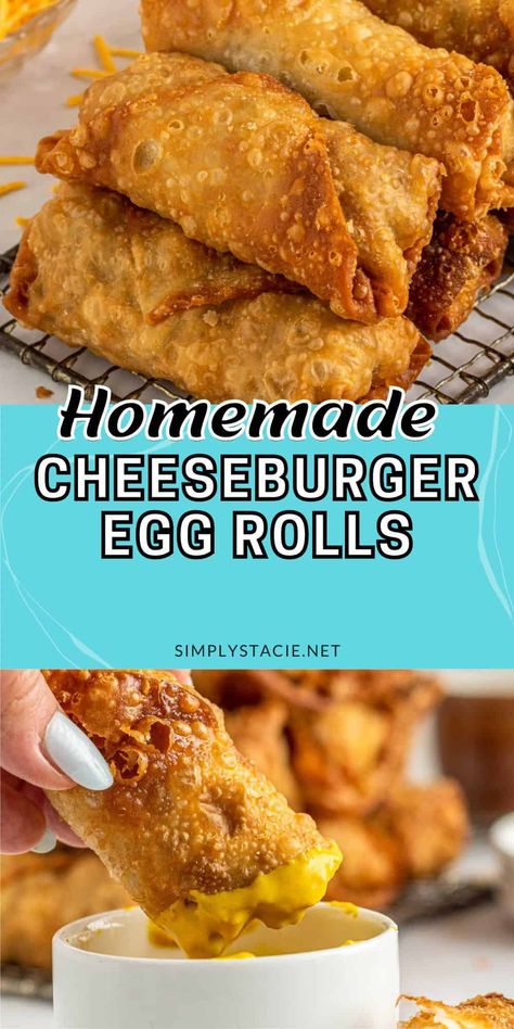 Cheeseburger Egg Rolls - This crispy appetizer is packed with melted cheese and flavorful ground beef for a delicious snack. Dip in your favorite condiments! Apitizer Recipes, Ground Beef Egg Rolls, Cheeseburger Egg Rolls Recipe, Cheese Egg Rolls, Cheeseburger Egg Rolls, Egg Rolls Recipe, Fried Steak, Egg Roll Recipes, Roll Recipes