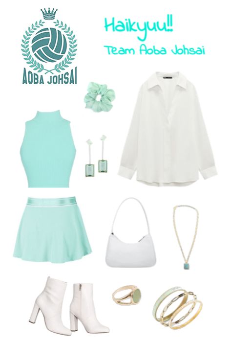 Oikawa Inspired Outfit, Oikawa Outfit, Tohru Inspired Outfits, Haikyuu Inspired Outfits, Haikyuu Outfits Inspired, Aoba Johsai Team, Green Satin Skirt, Aoba Johsai, Green Jewellery