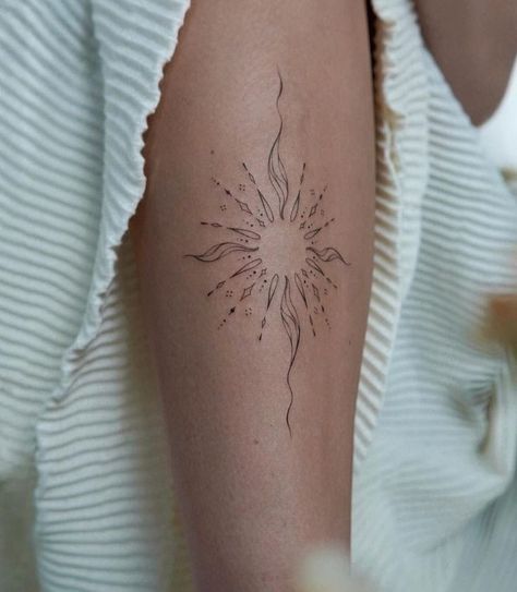 Sun Tattoo Inspiration, Free Spirited Tattoos, Crunchy Tattoo Ideas, Sun Tattoo With Words, Sun Forearm Tattoo, Ray Of Sunshine Tattoo, Sun Shoulder Tattoos For Women, Big Sun Tattoo, Ornamental Sun Tattoo