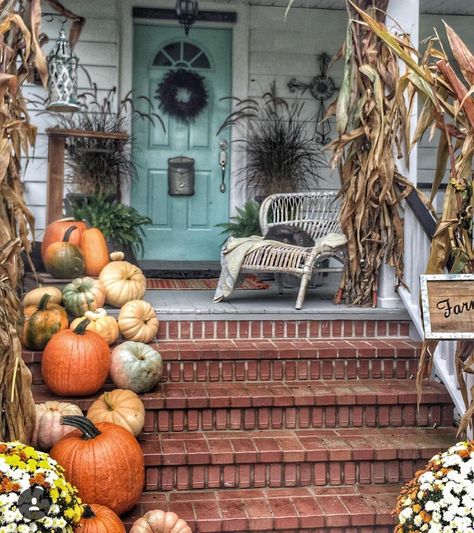 Pumpkins On Stairs, Painted Fox Home, Painted Fox, Porch Pumpkins, Corn Stalks, Fox Home, Stair Decor, D F, Fall Porch