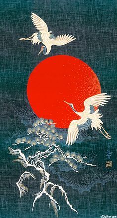 Sunset Cranes & Tree - Noren Panel - Indigo/Gold معرض فني, Art Chinois, 카드 디자인, Samurai Tattoo, Japon Illustration, Eastern Art, Red Sun, Art Japonais, Art Et Illustration