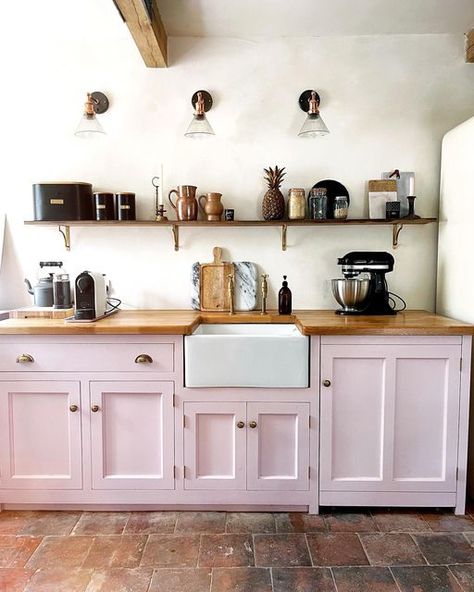 Pink Kitchen Cabinets With Butcher Block, Pink Wood Kitchen, Light Pink Kitchen, Navy Kitchen Walls, Periwinkle Kitchen, Fibro Shack, Mauve Kitchen, White And Timber Kitchen, Lilac Kitchen