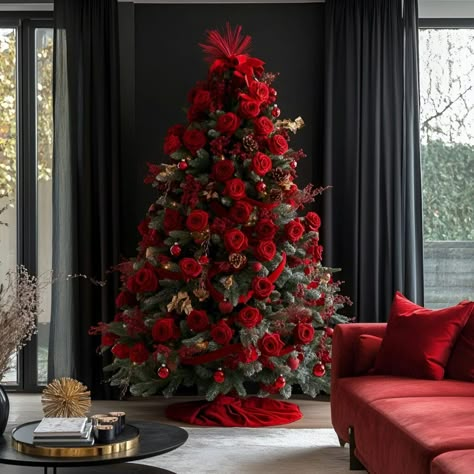 Nordic Christmas meets elegance with red roses, velvet ribbons, and gold baubles. Perfect for light wood and white interiors, blending sophistication and warmth. Red And Ivory Christmas Tree, Red Roses Christmas Decor, Red Brown Christmas Tree, Valentine's Tree Decorating Ideas, Christmas Tree With Red Roses, All Red Christmas Tree Decorations, Roses On Christmas Tree, Red Rose Christmas Tree, Christmas Tree With Roses