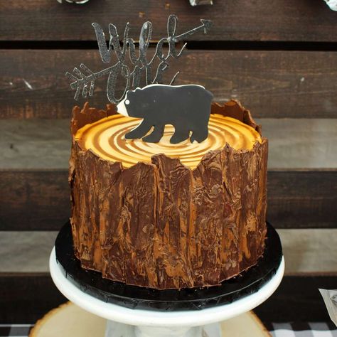 Ethan is a WILD ONE | CatchMyParty.com Wild One Birthday Party Ideas, Woodsy Cake, One Birthday Party Ideas, Police Birthday Cakes, Stump Cake, Tree Stump Cake, Birthday Wild One, Camping Cakes, Two Layer Cakes