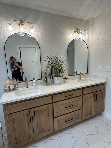 Home Design and Decor | I read a post the other day that said the trends for bathrooms in 2024 were arches, wood tones with black contrasts, and textured tiles | Facebook Tan Bathroom, Textured Tiles, Primary Bath, Bathroom Farmhouse Style, Master Bath Remodel, Bathroom Remodel Designs, Wood Tones, Dream House Rooms, Bathroom Renos