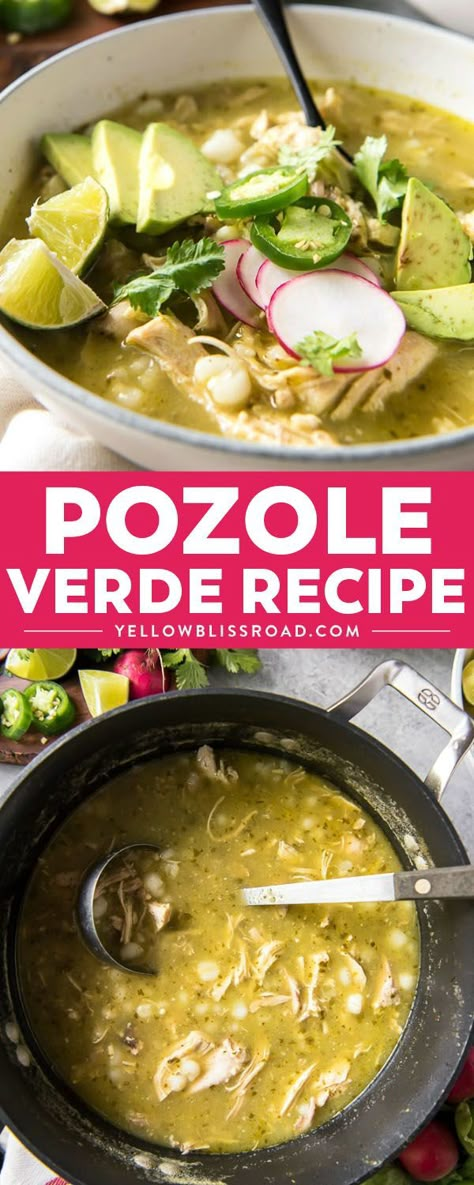 Hearty and comforting, this spicy Pozole Verde is made with slow cooked shredded chicken, hominy, and a spicy tomatillo and pepper blend! #chicken #pozole #mexicanfood #comfortfood via @yellowblissroad Tomatillo Chicken Soup, Posole Recipe Chicken Verde, Instapot Pozole Verde, Authentic Green Pozole Recipe Chicken, Pozole Recipe Verde, Posole Verde Chicken, Chicken Verde Pozole, Verde Posole, Pozole Recipe Chicken