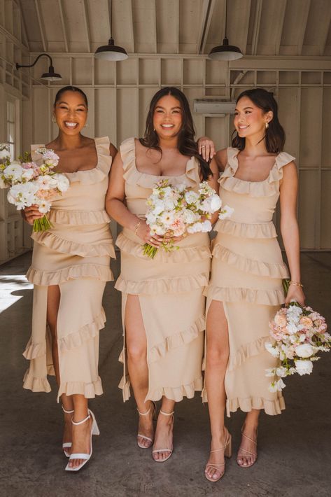 bridesmaids dress inspo | bridesmaid dress | bridal party | bridesmaid dresses | inclusive bridesmaid dresses | inclusive dresses | size inclusive Champagne Gold Bridesmaid Dresses, Tan Bridesmaids, Show Me Your Mumu Bridesmaid, Nude Bridesmaid Dresses, Beige Bridesmaid Dress, Maternity Dress Wedding Guest, Beige Bridesmaids, Rustic Bridesmaid Dresses, Champagne Color Dress