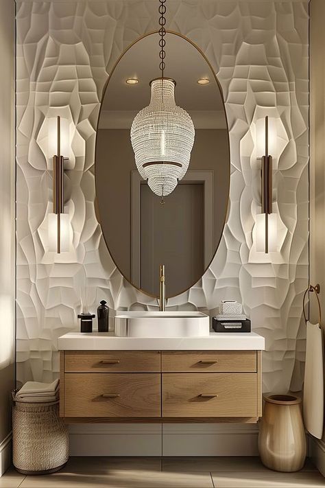 20 Amazing Powder Room Ideas - Remodr Powder Room White And Gold, Pendant Lights In Powder Room, Transitional Modern Powder Room, Chandelier In Powder Room, Modern Farmhouse Powder Bathroom, Spa Like Powder Room Ideas, Modern Coastal Powder Room Ideas, Half Bath Remodel Ideas Modern, Power Bathroom Ideas