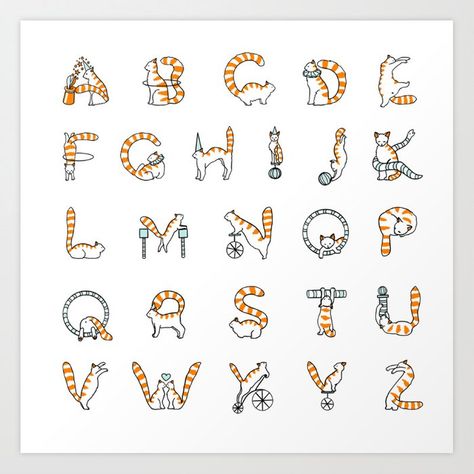 Circus Cat, Cat Alphabet, Alphabet Art Print, Alfabet Letters, Typography Alphabet, Hand Lettering Alphabet, Lettering Alphabet Fonts, Alphabet Art, Alphabet Design