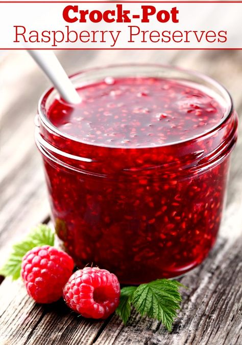 Crock-Pot Raspberry Preserves - Turn fresh raspberries into jars of Crock-Pot Raspberry Preserves that you can can in jars for fresh raspberry flavor all year long! [Gluten Free, Low Calorie, Low Carb, Low Cholesterol, Low Fat, Low Sodium, Low Sugar, Vegan, Vegetarian  ZERO WW SP (Blue, Green  Purple Plans)] #CrockPotLadies #CrockPot #SlowCooker #Raspberries #Raspberry #Canning #5IngredientsOrLess Homemade Raspberry Jam, Raspberry Jam Recipe, Freezer Jam, Raspberry Preserves, Jam And Jelly, Jam Recipe, Jelly Recipes, Homemade Jam, Homemade Vanilla