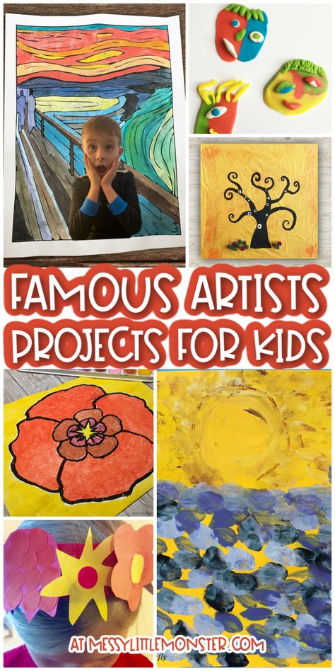 Famous artists for kids. Fun art projects for kids. One Day Art Projects Kindergarten, Unique Art Projects For Kids, 30 Minute Art Projects For Kids, Artist Inspired Art For Kids, Art Project 1st Grade, Artist Inspired Art Projects, Art Project Kindergarten, One Day Art Lessons Elementary, Artist Inspired Art