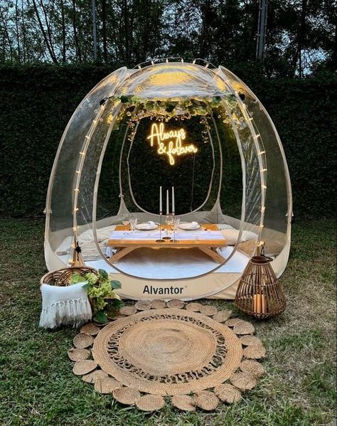 Romantic Tent Set Up, Picnic Bubble Tent, Bubble Tent Decor, Glam Picnic Ideas, Picnic In A Bubble, Bubble Tent Date Night, Tent Picnic Ideas, Bubble Tent Ideas, Anniversary Picnic Ideas