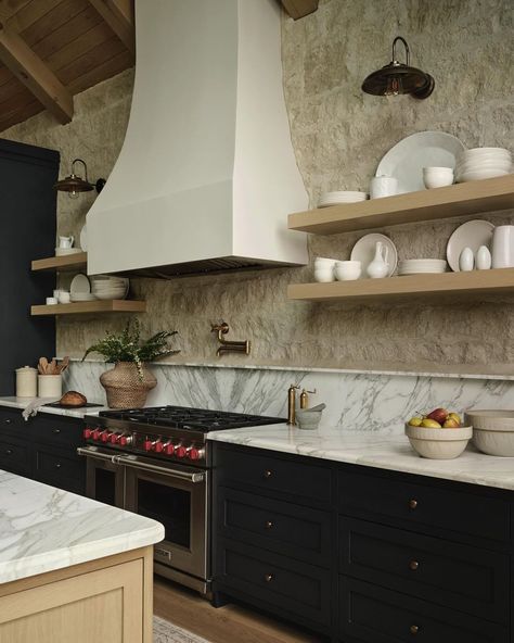 Allison Willson Design (@allisonwillson) • Instagram photos and videos Arcusstone Hood, Black Range In Kitchen, Limestone Hood Kitchen, Modern European Farmhouse Kitchen, Ski House Kitchen, Kitchen Vent Hood Ideas, Vent Hood Ideas, Modern European Farmhouse, European Farmhouse Kitchen