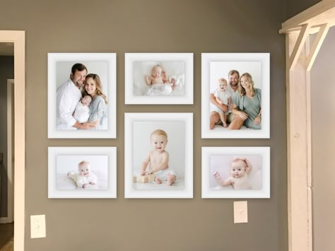 Newborn Photo Frame Ideas, Family Photo Wall With Shelves, Wall Photoframe Ideas, Simple Family Photo Wall, Family Wall Portrait Ideas, Family Photo Layout Wall, Family Portrait On Wall, Family Picture Wall Ideas Dining Room, Newborn Photo Wall Display