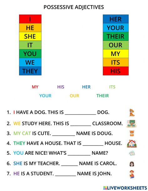 Possesive Adjective 's Worksheet, He His She Her Worksheet, English Tutoring Ideas Lesson Plans, Adjective Pronouns Worksheet, Possesive Pronounce Worksheets, Possessive Adjectives For Kids, Posessive Pronouns, Possessive Adjectives Worksheets, Possessive Pronouns Activities