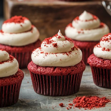 These Fluffy Red Velvet Cupcakes with Cream Cheese Frosting are the perfect combination of sweet, tangy, and oh-so-delicious! 🎂❤️ #Ingredients: **For the Cupcakes:** - 1 1/4 cups all-purpose flour - 1 tablespoon cocoa powder - 1/2 teaspoon baking soda - 1/4 teaspoon salt - 1/2 cup unsalted butter, softened - 1 cup granulated sugar - 1 large egg - 1 teaspoon vanilla extract - 1 teaspoon white vinegar - 1/2 cup buttermilk - 1 tablespoon red food coloring **For the Cream Cheese Frosting:** - 8... Red Vvet Cupcake, Cupcake Cream, Red Velvet Cupcake, Cupcakes With Cream Cheese Frosting, Velvet Cupcakes, Red Velvet Cupcakes, Red Food Coloring, With Cream Cheese Frosting, Birthday Board