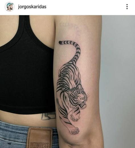 Crouching Tiger Tattoo, Tattoo Ideas 2022, Open Tattoo, Tiger Tattoo Ideas, Circle Tattoo Design, Private Tattoo Studio, Rare Tattoos, Tiger Tattoos, Cool Shoulder Tattoos