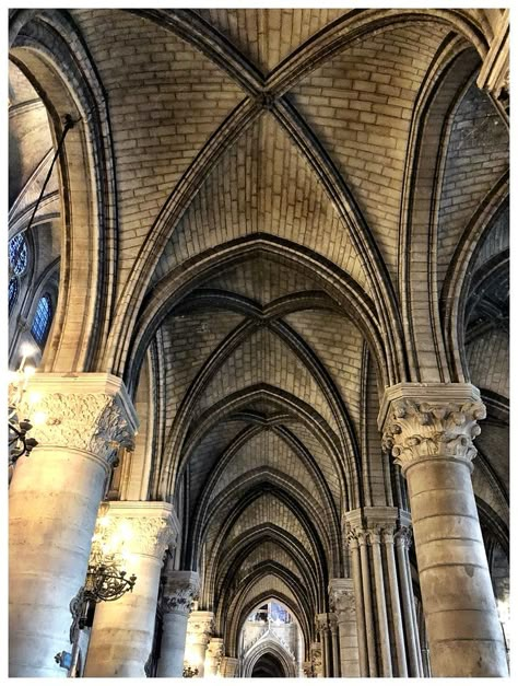 The way in which the ceiling is constructed, showing its design in segments is called Ribbed Vaults. They are mostly common in Continental Europe. This one in particular is called Notre-Dame de Paris and it is beautiful. Gothic Ribbed Vault, Ribbed Vault Gothic Architecture, Dungeon Design, House In Texas, Ribbed Vault, Flying Buttress, Gothic Drawings, Architecture Reference, Life Drawing Reference