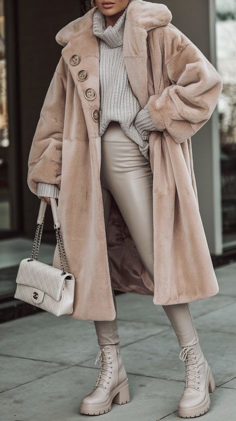 Discover the art of winter layering with this chic look! Featuring a plush beige oversized coat, a cozy grey knit sweater, and sleek cream leggings, this outfit combines comfort and style perfectly. Paired with trendy lace-up boots and a stylish handbag, it’s ideal for a day out in the city. Embrace the cold while looking fabulous! #winterfashion #fashioninspo #winteroutfit #novemberfashion Beige Winter Boots Outfit, Cream Winter Outfit, Cream Boots Outfit, November Fashion, Cream Leggings, Winter Coat Outfits, Cream Boots, Winter Boots Outfits, Grey Knit Sweater