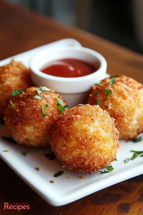 Cheesy Italian Arancini Balls Recipe - EasyWorldRecipes Rissoto Balls Recipes, Mini Rice Balls, Arancini Appetizer, Rice Balls Recipe Easy, Easy Fancy Appetizers, Arancini Recipe Easy, Antipasto Ideas, Italian Rice Balls Recipe, Sandwich Display