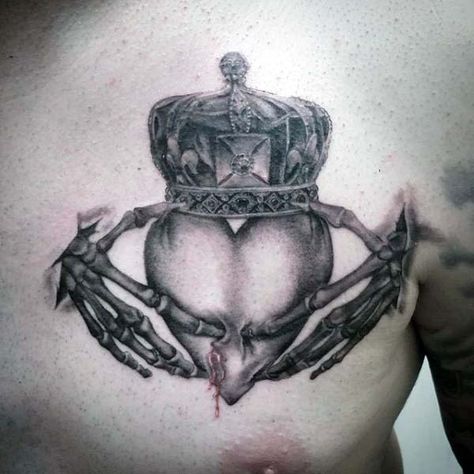 Gentleman With Skeleton Hands Claddagh Irish Tattoo On Upper Chest Tattoo On Upper Chest, Irish Tattoo Ideas, Irish Tattoos For Men, Claddagh Tattoo, Irish Tattoo, Celtic Tattoos For Men, Castle Tattoo, Skeleton Tattoo, Irish Tattoos