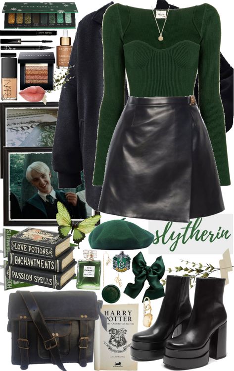 Slytherin Professor Outfit, Harry Potter Concert Outfit, Outfit For The Orchestra, Romeo And Juliet Aesthetic Outfits, Slytherin Style Outfits, Dark Green Fall Outfits, Dark Green Winter Outfit, Witch Outfit Inspiration, Dark Green Outfit Casual