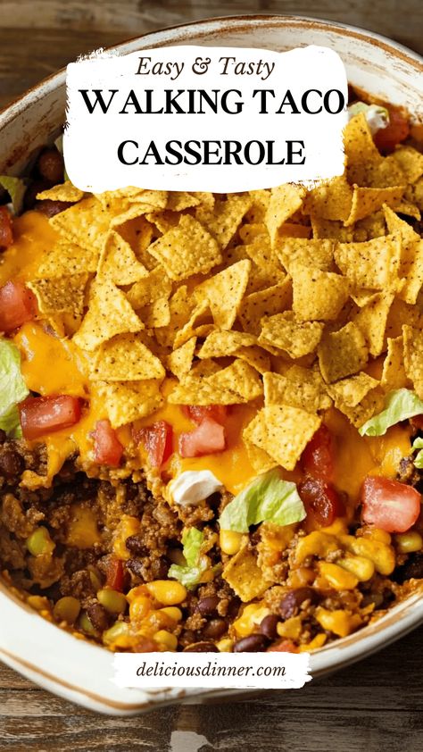 Crunchy Walking Taco Casserole - Delicious Dinner Taco Crunch Casserole, Taco Bake Crockpot, Taco Casserole Doritos And Ground Beef, Walking Tacos Casserole, Kid Dinners Ideas, Taco Meat Casserole Recipes, Taco Dishes Dinners, Taco Hotdish Recipes, Mexican Haystacks Recipe